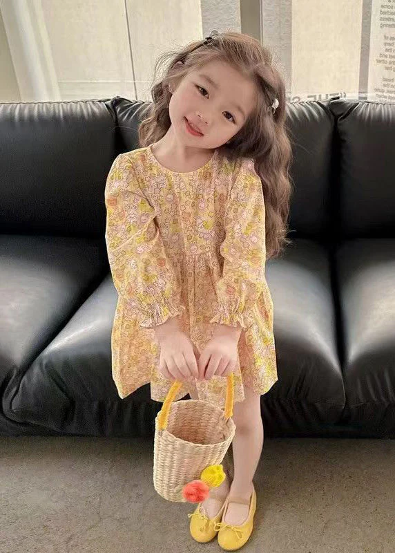 Casual Yellow O-Neck Print Girls Mid Dress Long Sleeve - Image 2