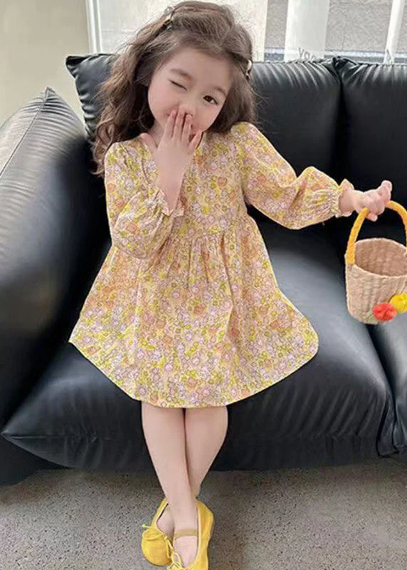 Casual Yellow O-Neck Print Girls Mid Dress Long Sleeve - Image 3
