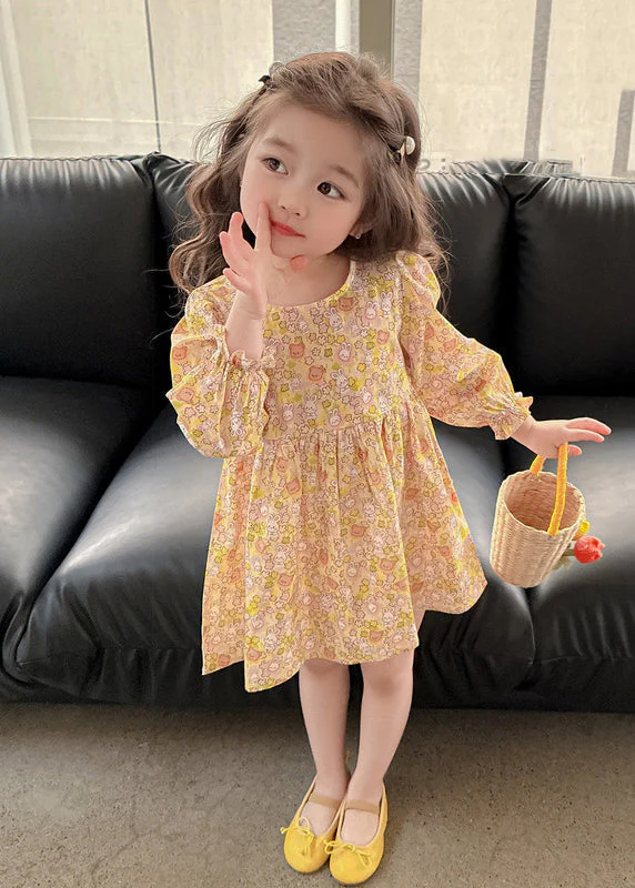 Casual Yellow O-Neck Print Girls Mid Dress Long Sleeve - Image 4