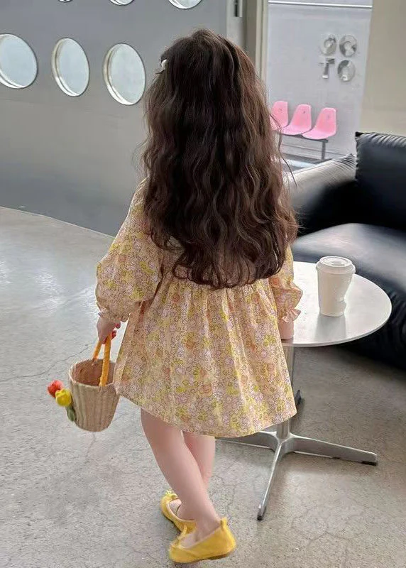 Casual Yellow O-Neck Print Girls Mid Dress Long Sleeve - Image 5