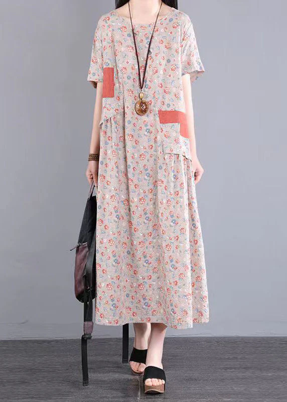Casual Yellow O Neck Print Patchwork Cotton Long Dresses Summer - Image 3