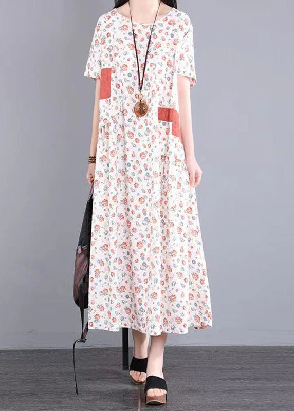 Casual Yellow O Neck Print Patchwork Cotton Long Dresses Summer - Image 4