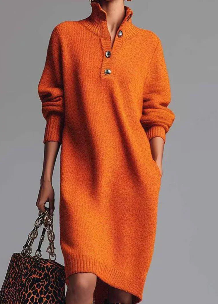 Casual Yellow Peter Pan Collar Pockets Cotton Knit Sweater Dress Spring - Image 3
