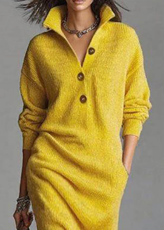 Casual Yellow Peter Pan Collar Pockets Cotton Knit Sweater Dress Spring - Image 4