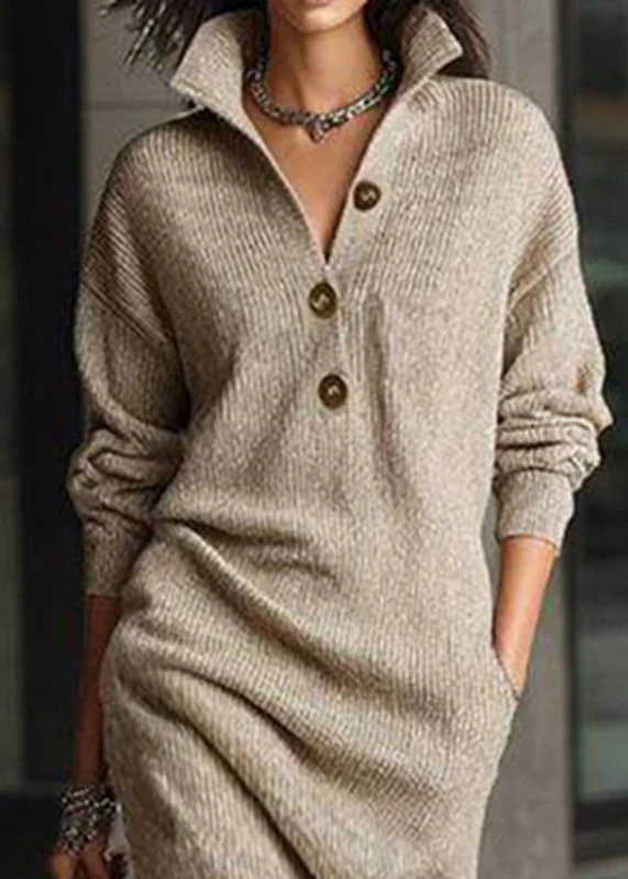 Casual Yellow Peter Pan Collar Pockets Cotton Knit Sweater Dress Spring - Image 5