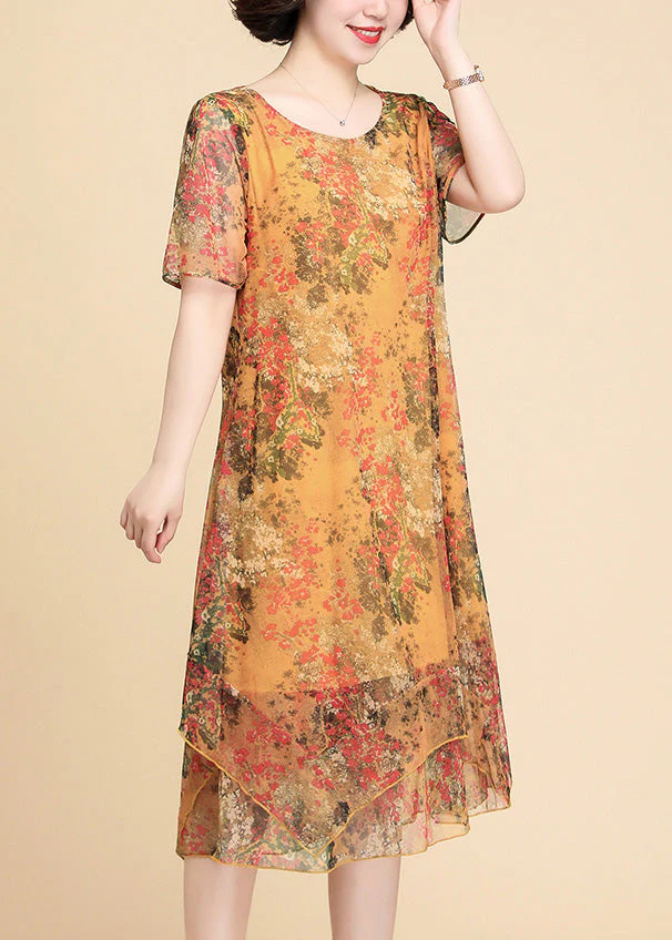 Casual Yellow Print Chiffon Maxi Dress Summer - Image 4
