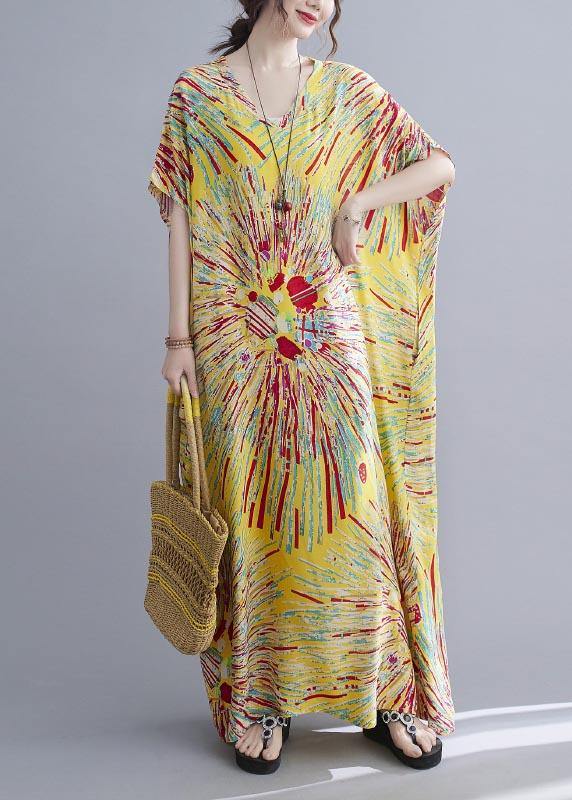 Casual Yellow Print Cotton V Neck Oversize Summer Dress - Image 2