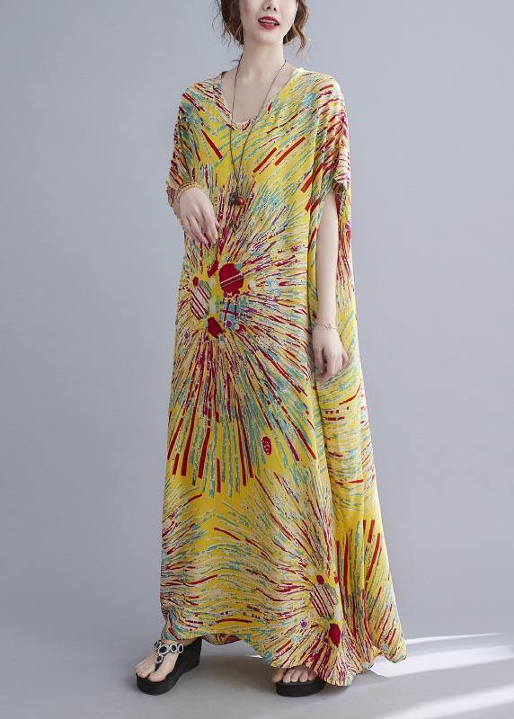 Casual Yellow Print Cotton V Neck Oversize Summer Dress - Image 3