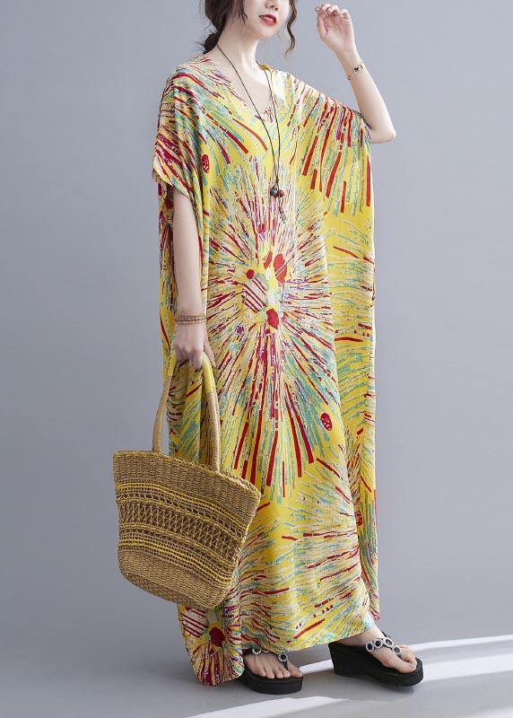 Casual Yellow Print Cotton V Neck Oversize Summer Dress - Image 4