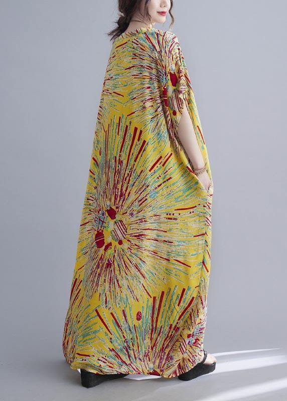 Casual Yellow Print Cotton V Neck Oversize Summer Dress - Image 5