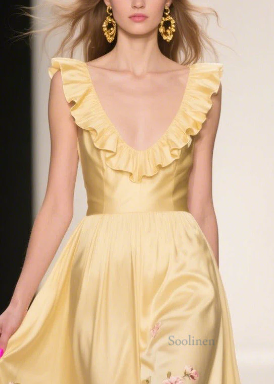 Casual Yellow Ruffles Print Silk Vestidos Dress Summer - Image 2