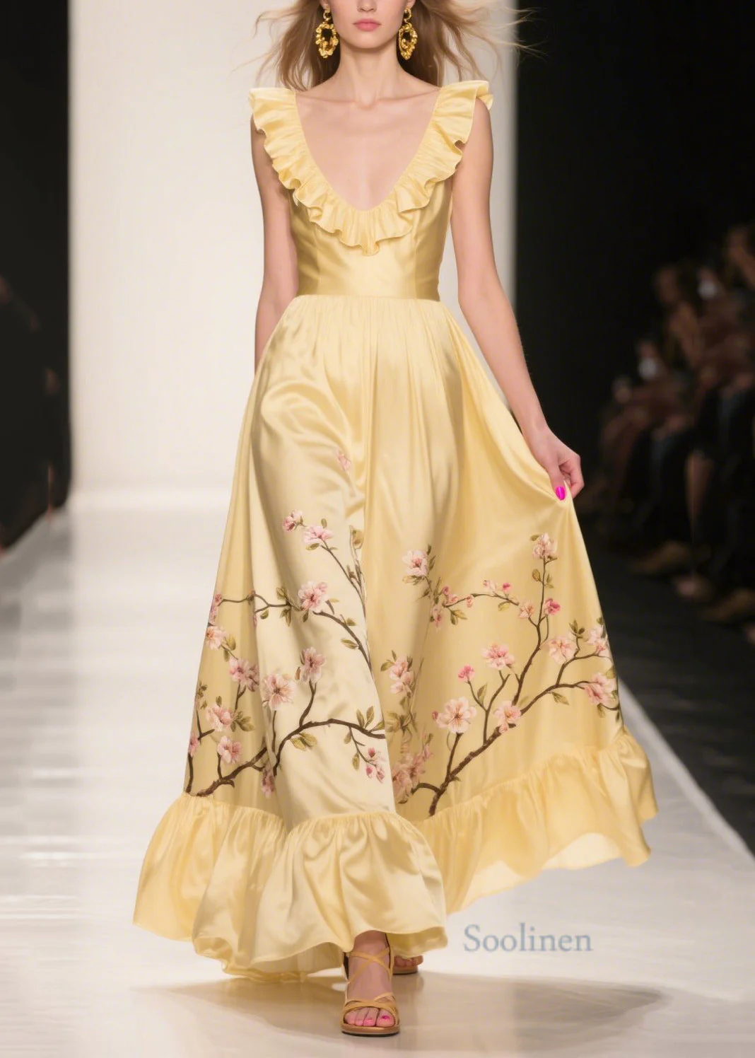Casual Yellow Ruffles Print Silk Vestidos Dress Summer - Image 3