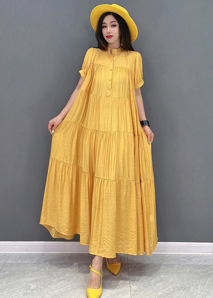 Casual Yellow Stand Collar Patchwork Button Maxi Dresses Short Sleeve - Image 2