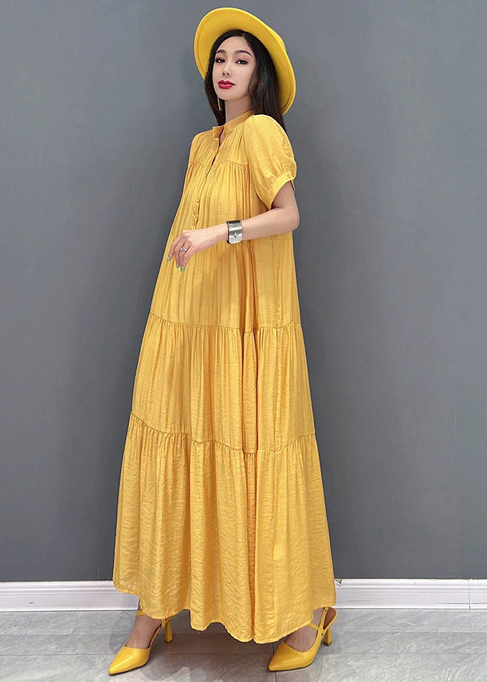 Casual Yellow Stand Collar Patchwork Button Maxi Dresses Short Sleeve - Image 3