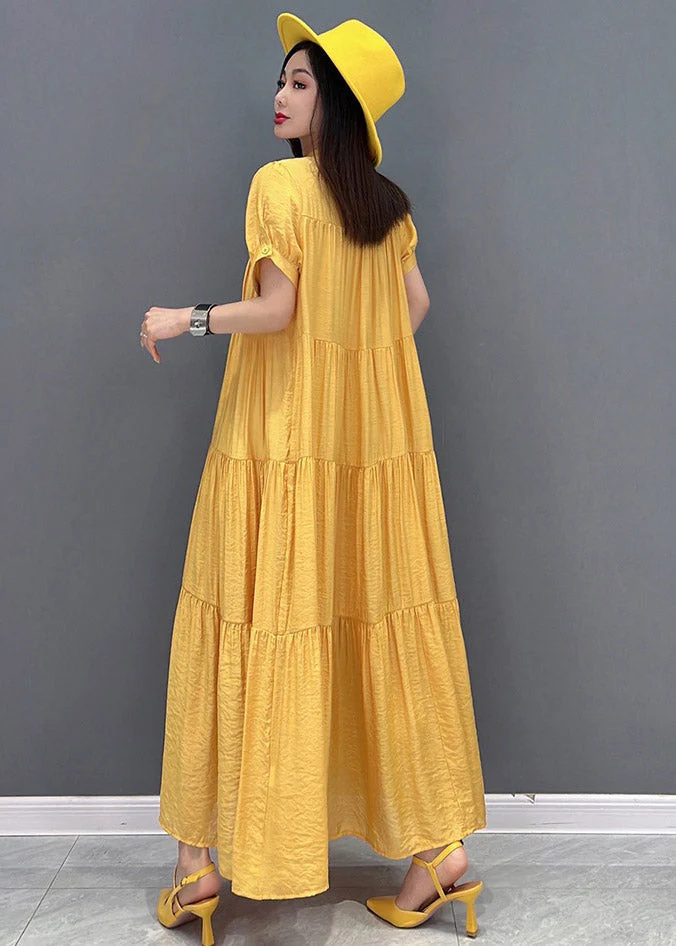 Casual Yellow Stand Collar Patchwork Button Maxi Dresses Short Sleeve - Image 4