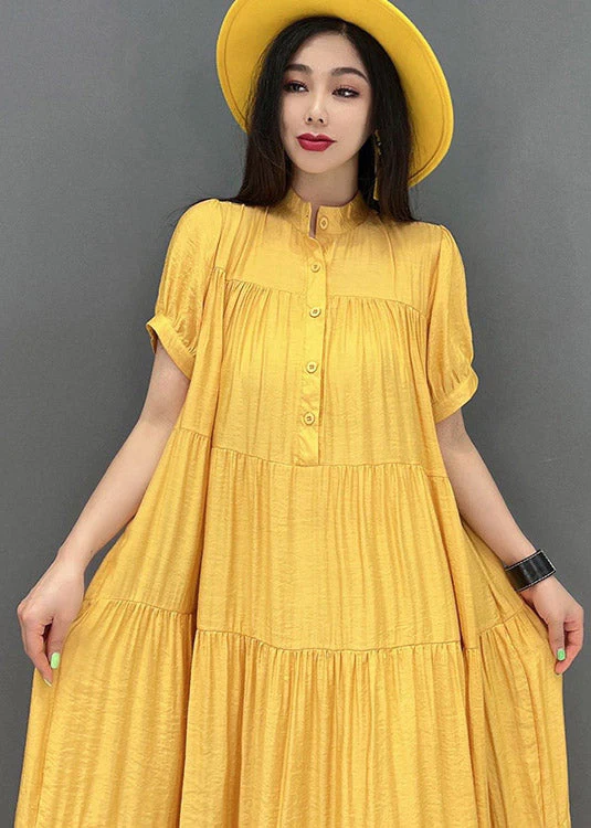 Casual Yellow Stand Collar Patchwork Button Maxi Dresses Short Sleeve - Image 5