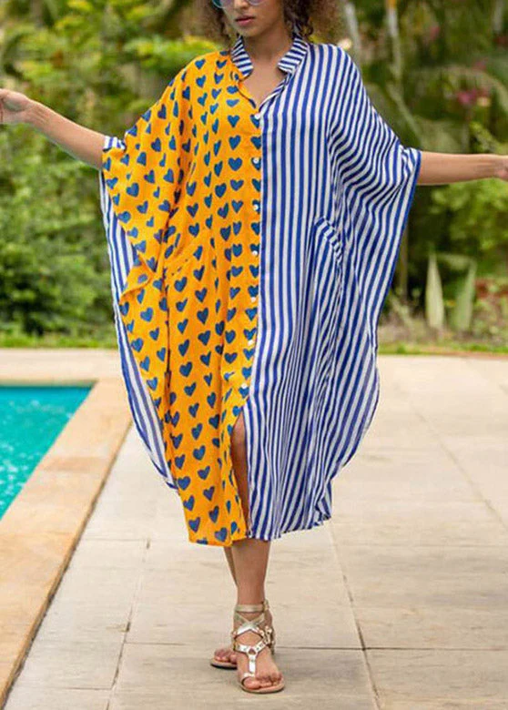 Casual Yellow Stand Collar Striped Button Button Maxi Dresses Summer - Image 3