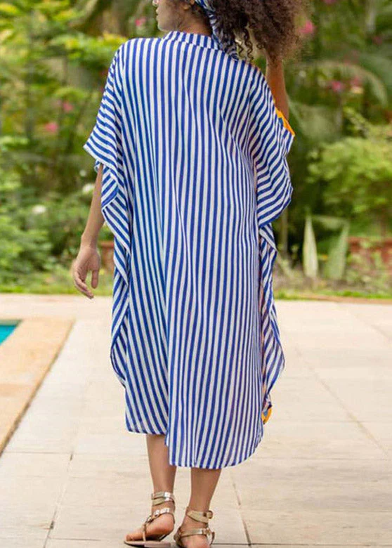 Casual Yellow Stand Collar Striped Button Button Maxi Dresses Summer - Image 4