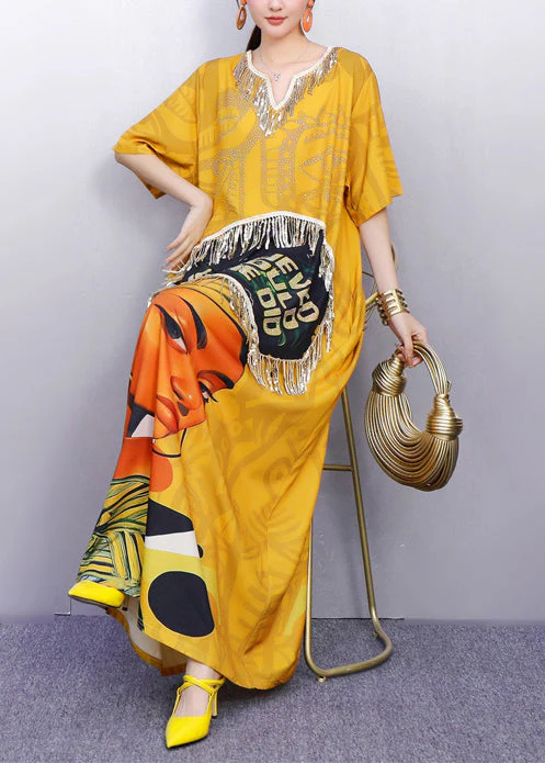 Casual Yellow Tasseled Print Cotton Maxi Dress Summer - Image 3