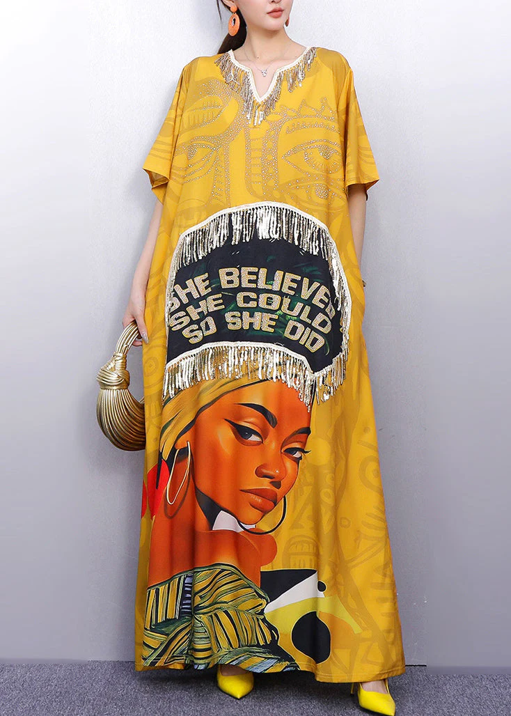 Casual Yellow Tasseled Print Cotton Maxi Dress Summer - Image 4