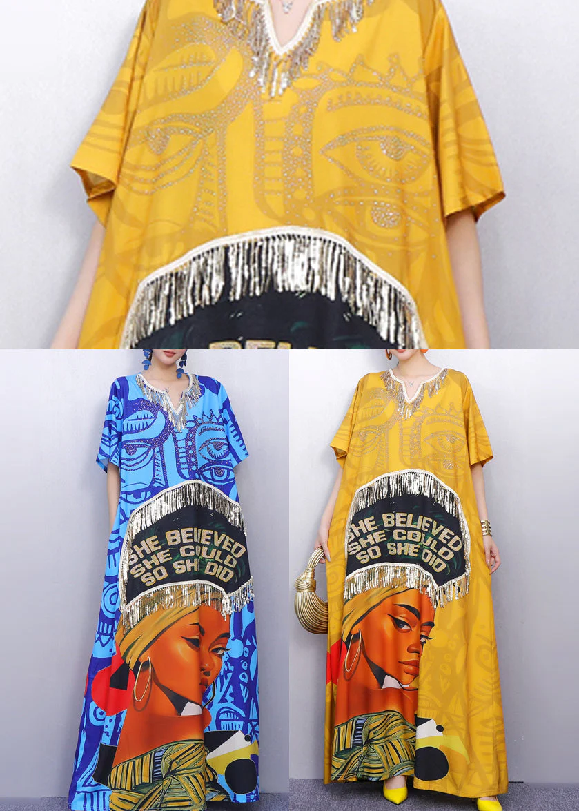 Casual Yellow Tasseled Print Cotton Maxi Dress Summer - Image 5