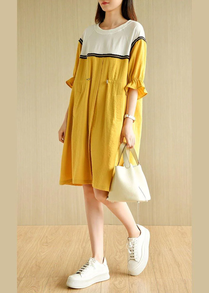 Casual Yellow Tie Waist Pockets Patchwork Summer Vacation Dress Half Sleeve - Image 2