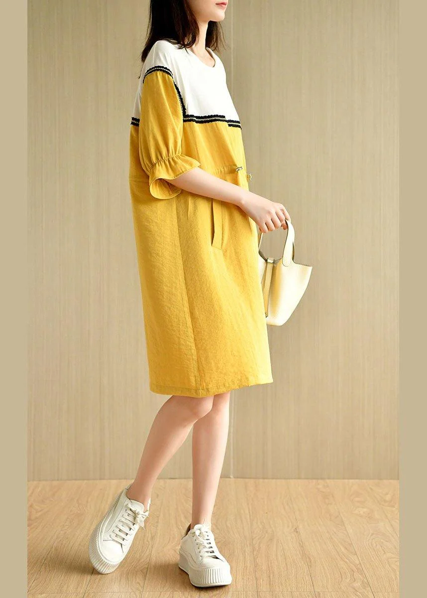 Casual Yellow Tie Waist Pockets Patchwork Summer Vacation Dress Half Sleeve - Image 3