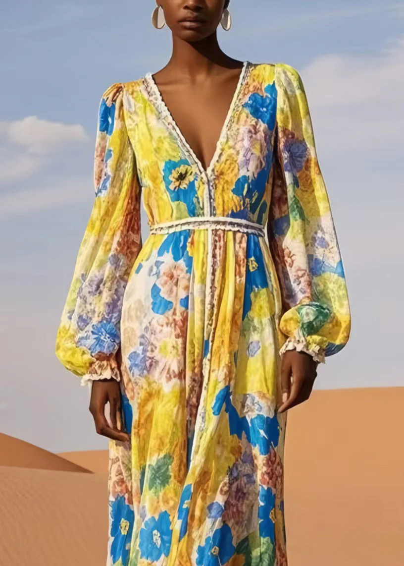 Casual Yellow V Neck Print Chiffon Beach Dress Spring - Image 2