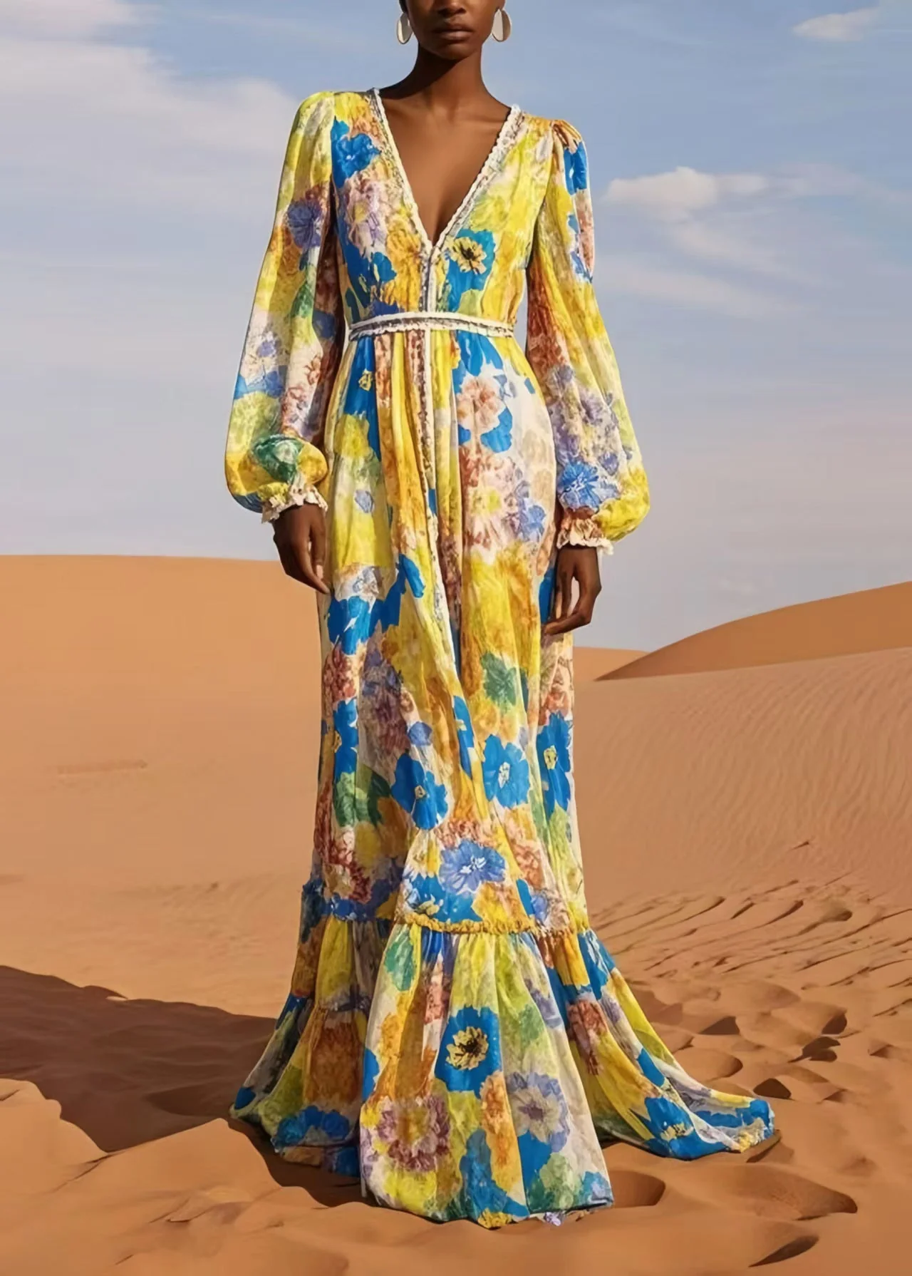 Casual Yellow V Neck Print Chiffon Beach Dress Spring - Image 3