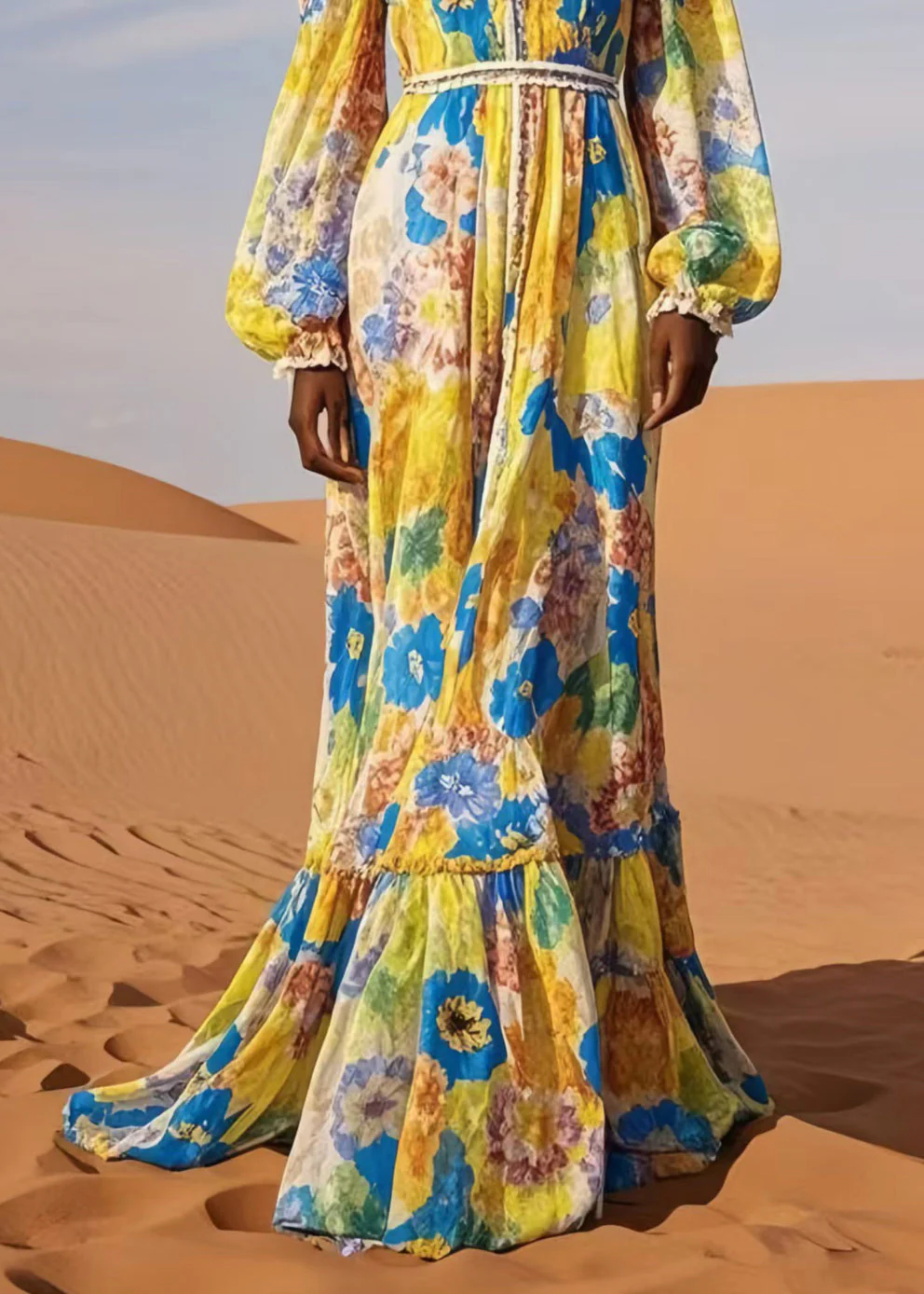 Casual Yellow V Neck Print Chiffon Beach Dress Spring - Image 4