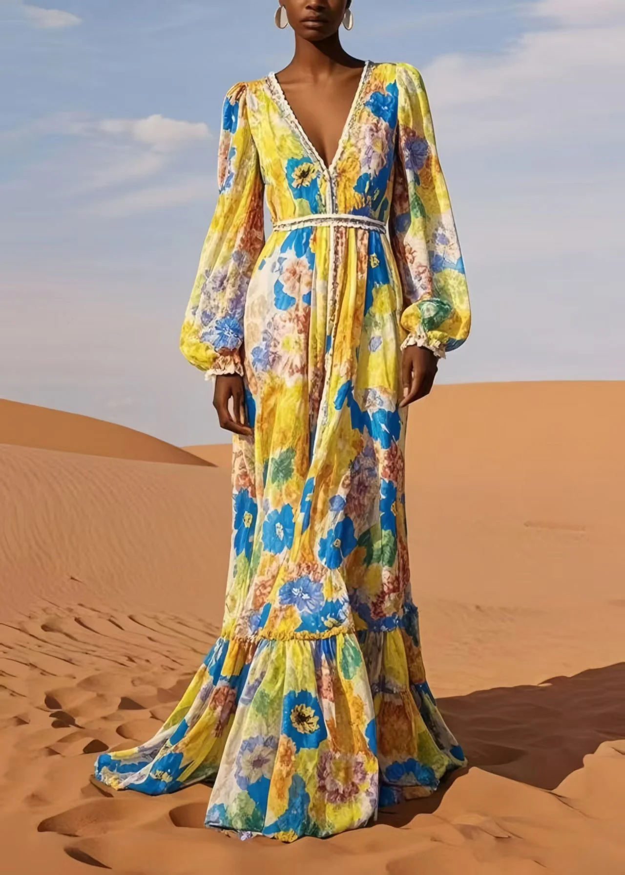 Casual Yellow V Neck Print Chiffon Beach Dress Spring - Image 5