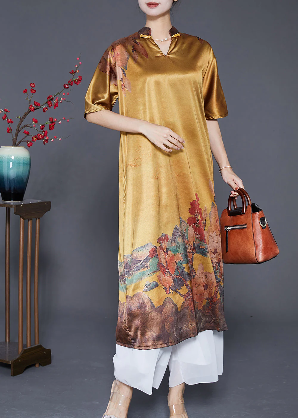 Casual Yellow V Neck Print Silk Party Dress Summer - Image 2