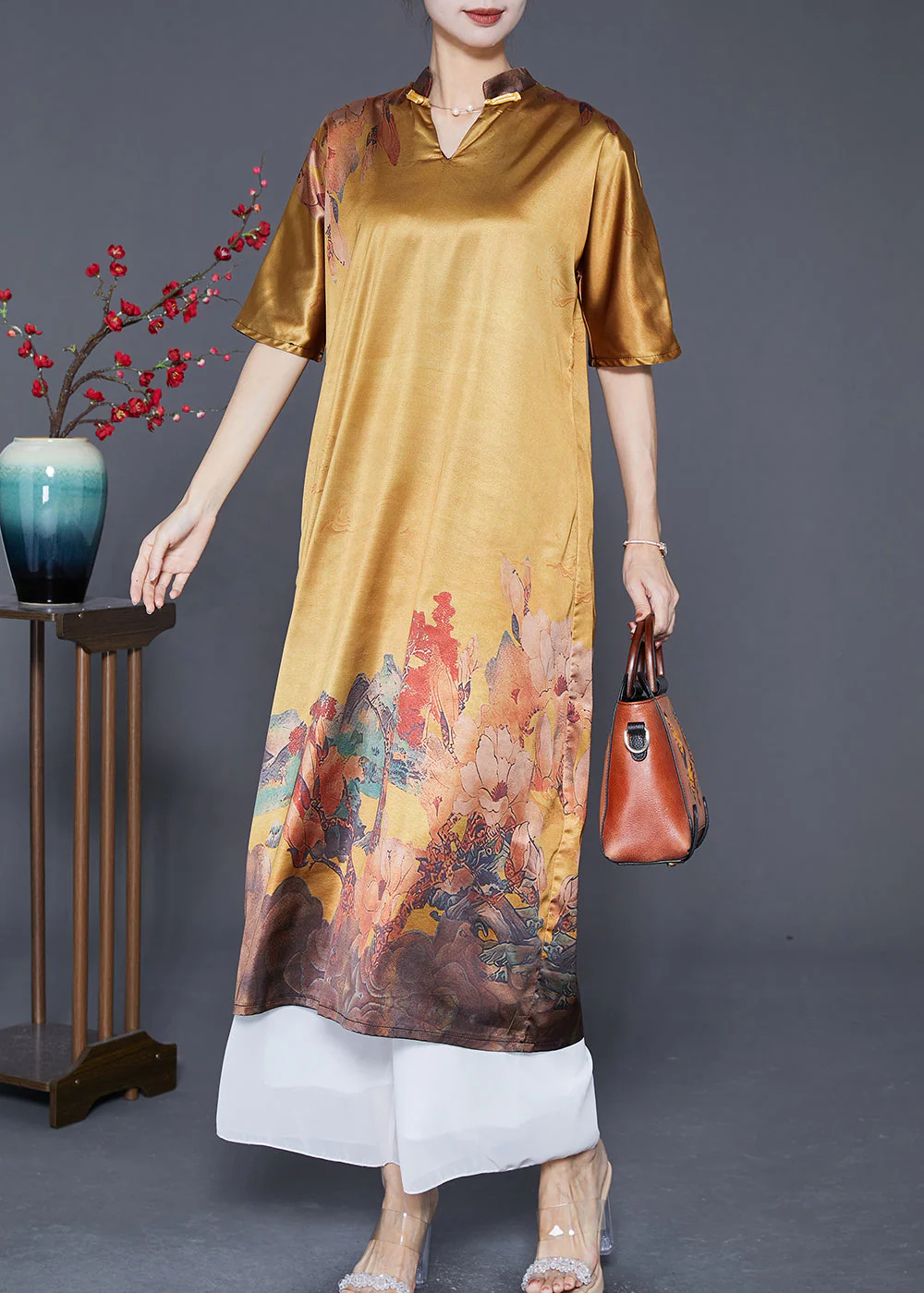 Casual Yellow V Neck Print Silk Party Dress Summer - Image 3