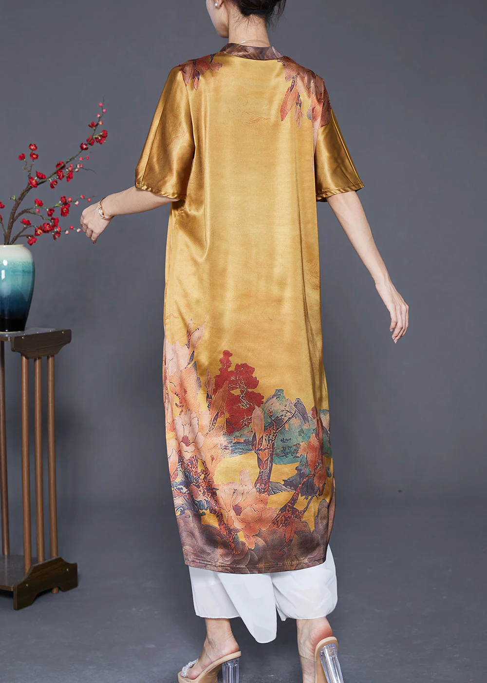 Casual Yellow V Neck Print Silk Party Dress Summer - Image 4