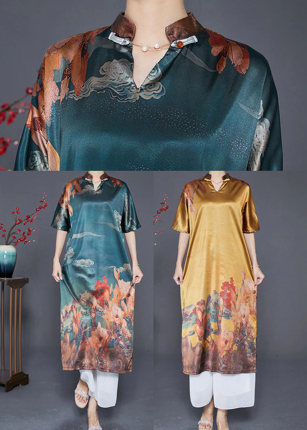 Casual Yellow V Neck Print Silk Party Dress Summer - Image 5
