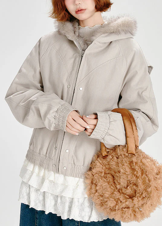 Casual Zip Up Fuzzy Fur Patchwork Fine Cotton Filled Hooded Jacket Winter - Image 3