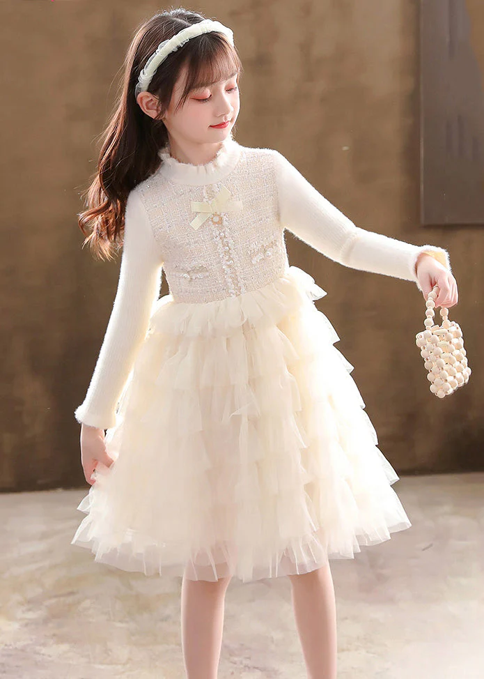 Champagne Button Knit Patchwork Tulle Girls Mid Dresses Fall - Image 2