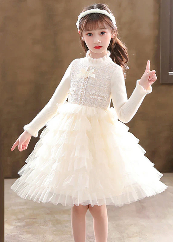 Champagne Button Knit Patchwork Tulle Girls Mid Dresses Fall - Image 3