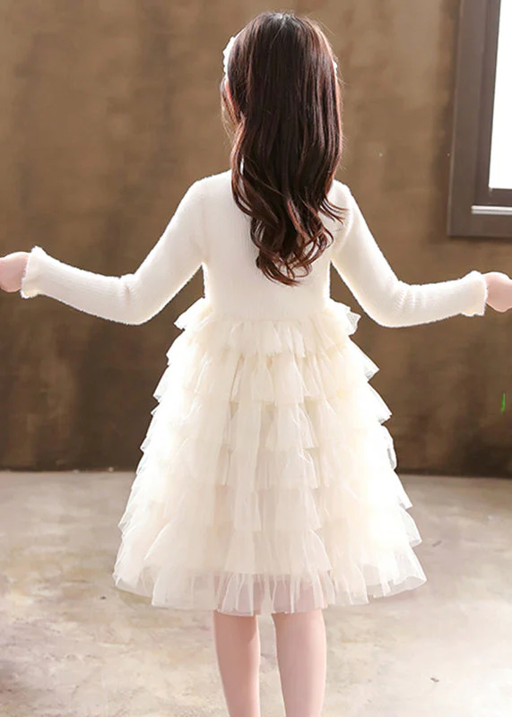 Champagne Button Knit Patchwork Tulle Girls Mid Dresses Fall - Image 4