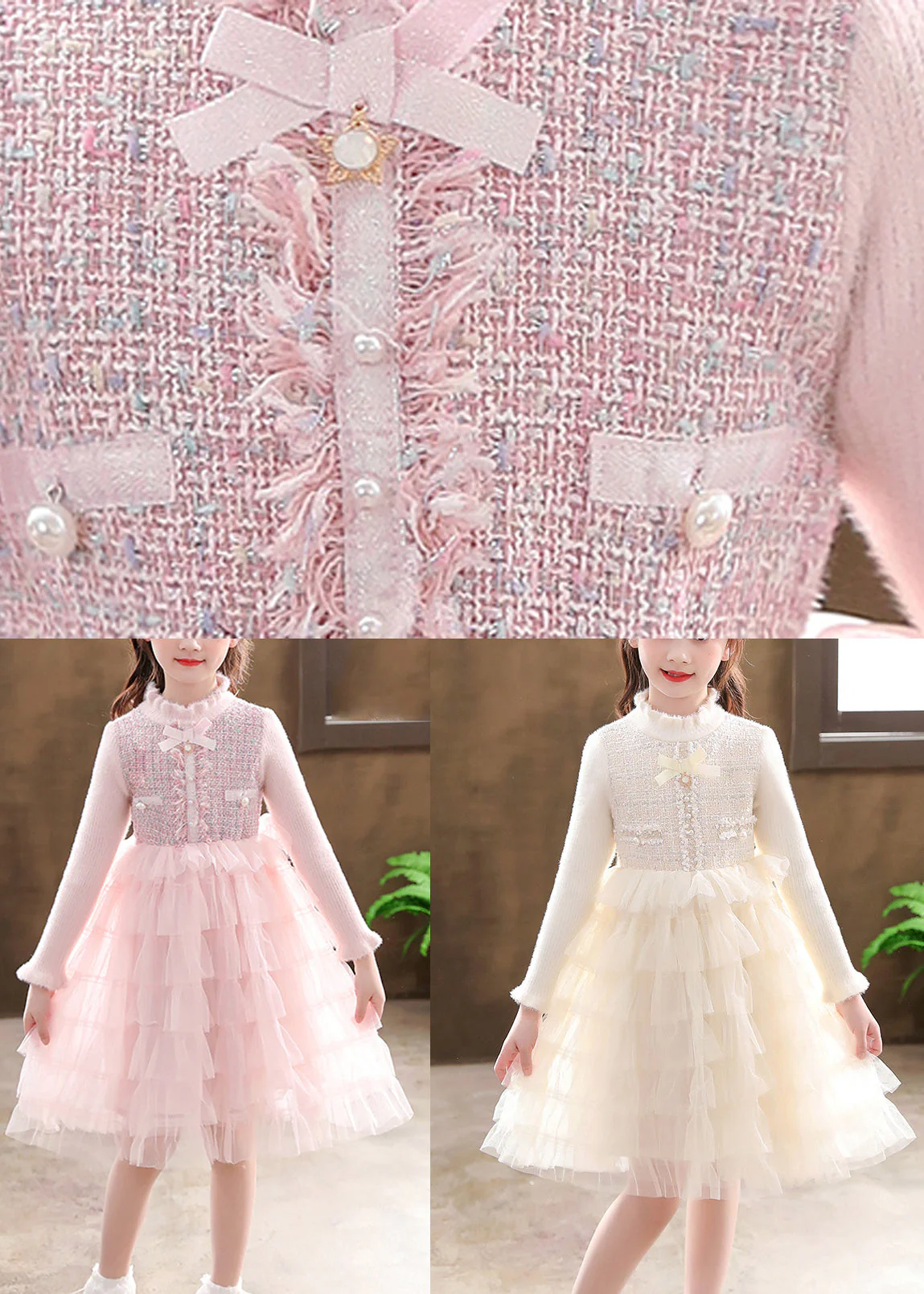 Champagne Button Knit Patchwork Tulle Girls Mid Dresses Fall - Image 5