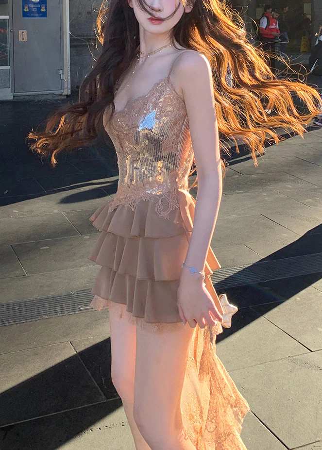 Champagne Color Lace Patchwork Spaghetti Strap Dress V Neck Sleeveless - Image 3