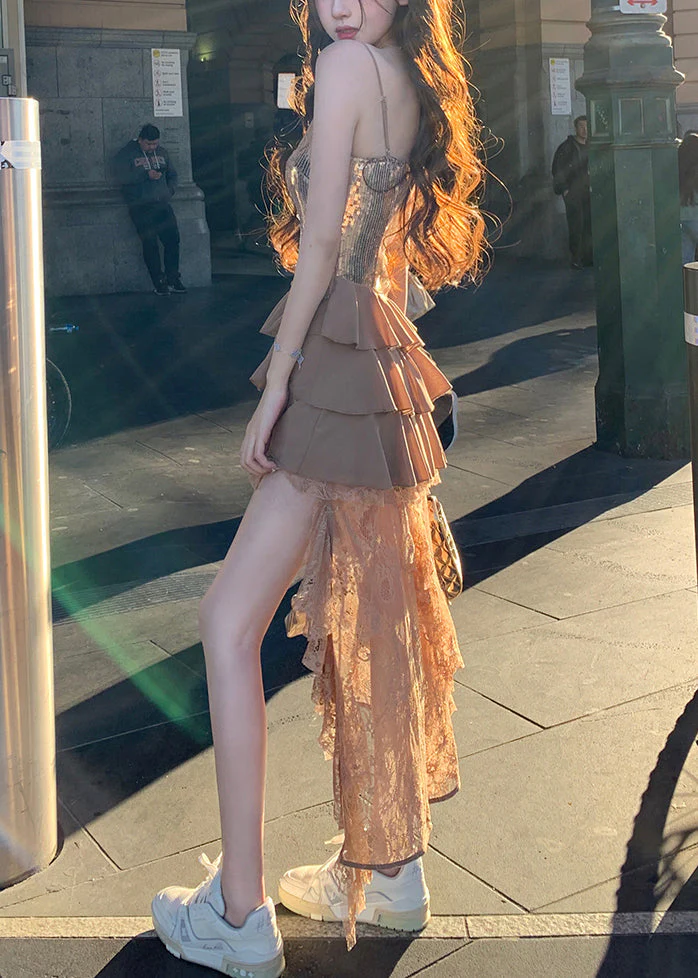 Champagne Color Lace Patchwork Spaghetti Strap Dress V Neck Sleeveless - Image 4