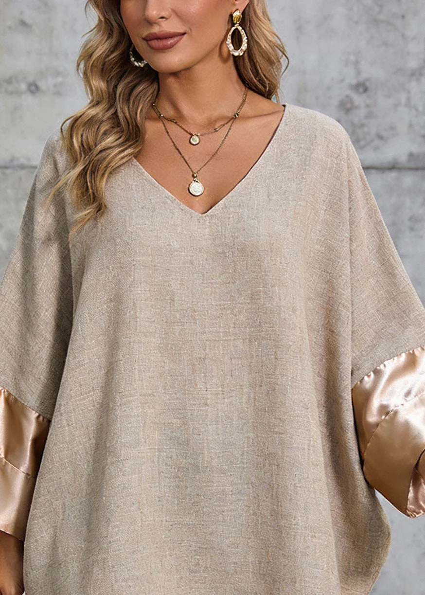 Champagne Color Silk Patchwork Linen Dress V Neck Spring - Image 2