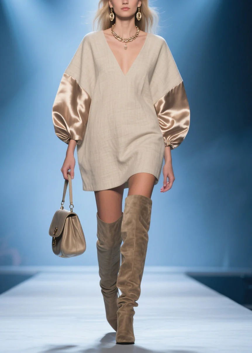 Champagne Color Silk Patchwork Oversized Linen Dress V Neck Spring - Image 5