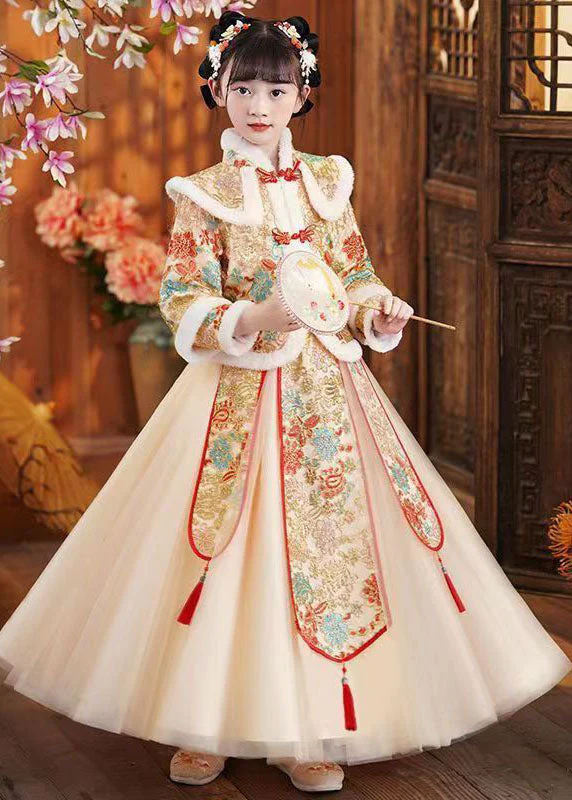 Champagne Fur Collar Tassel Button Girls Coats And Dress Two Pieces Set Winter - Image 2
