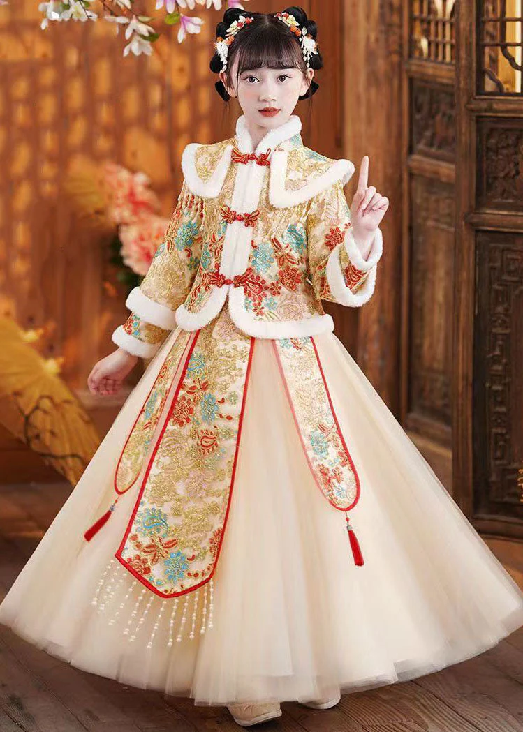 Champagne Fur Collar Tassel Button Girls Coats And Dress Two Pieces Set Winter - Image 3