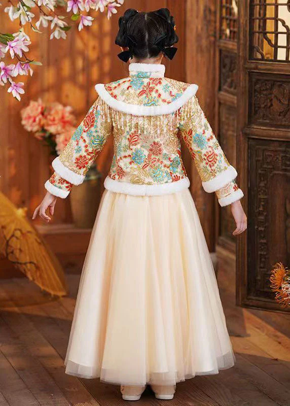 Champagne Fur Collar Tassel Button Girls Coats And Dress Two Pieces Set Winter - Image 4