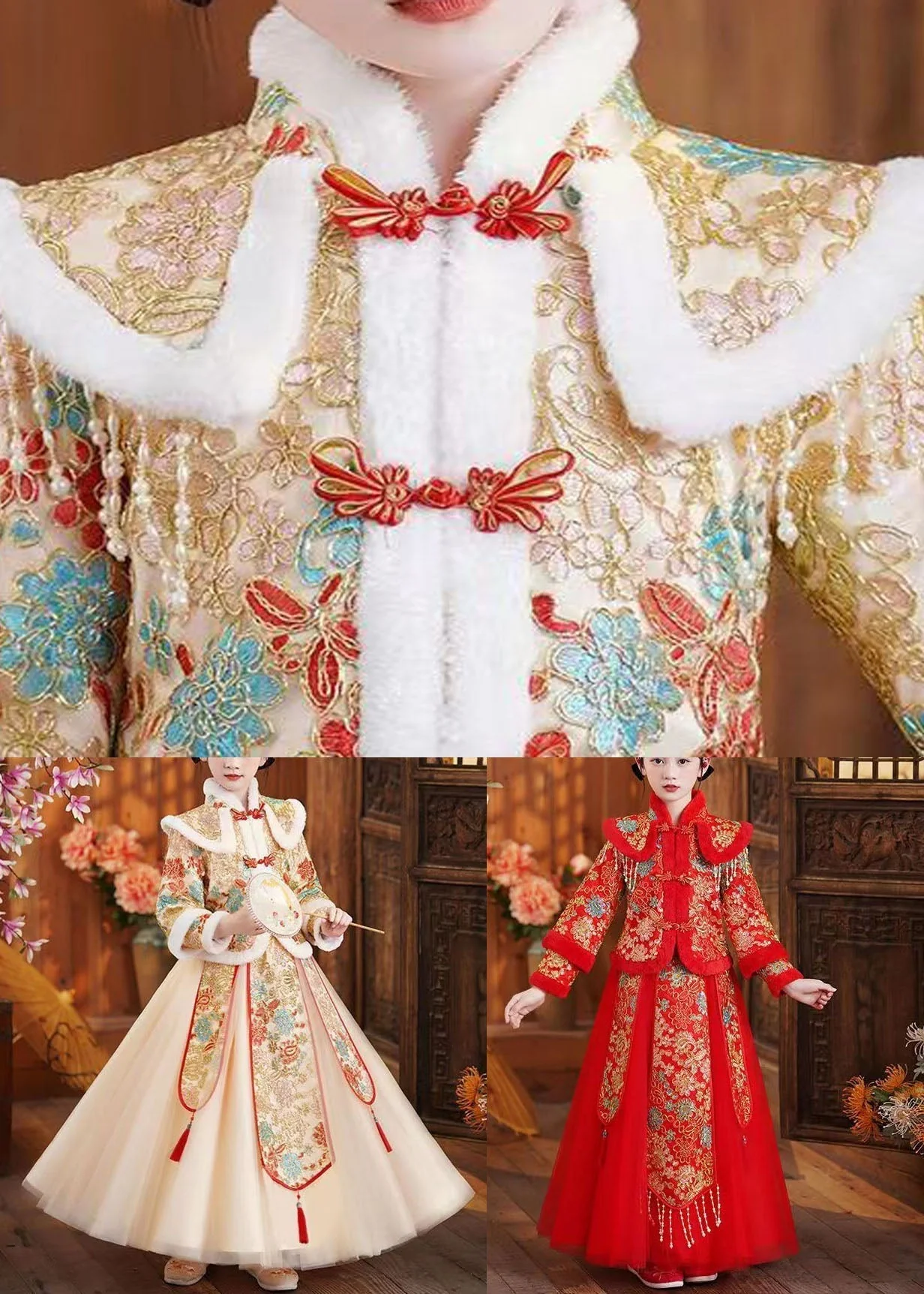 Champagne Fur Collar Tassel Button Girls Coats And Dress Two Pieces Set Winter - Image 5