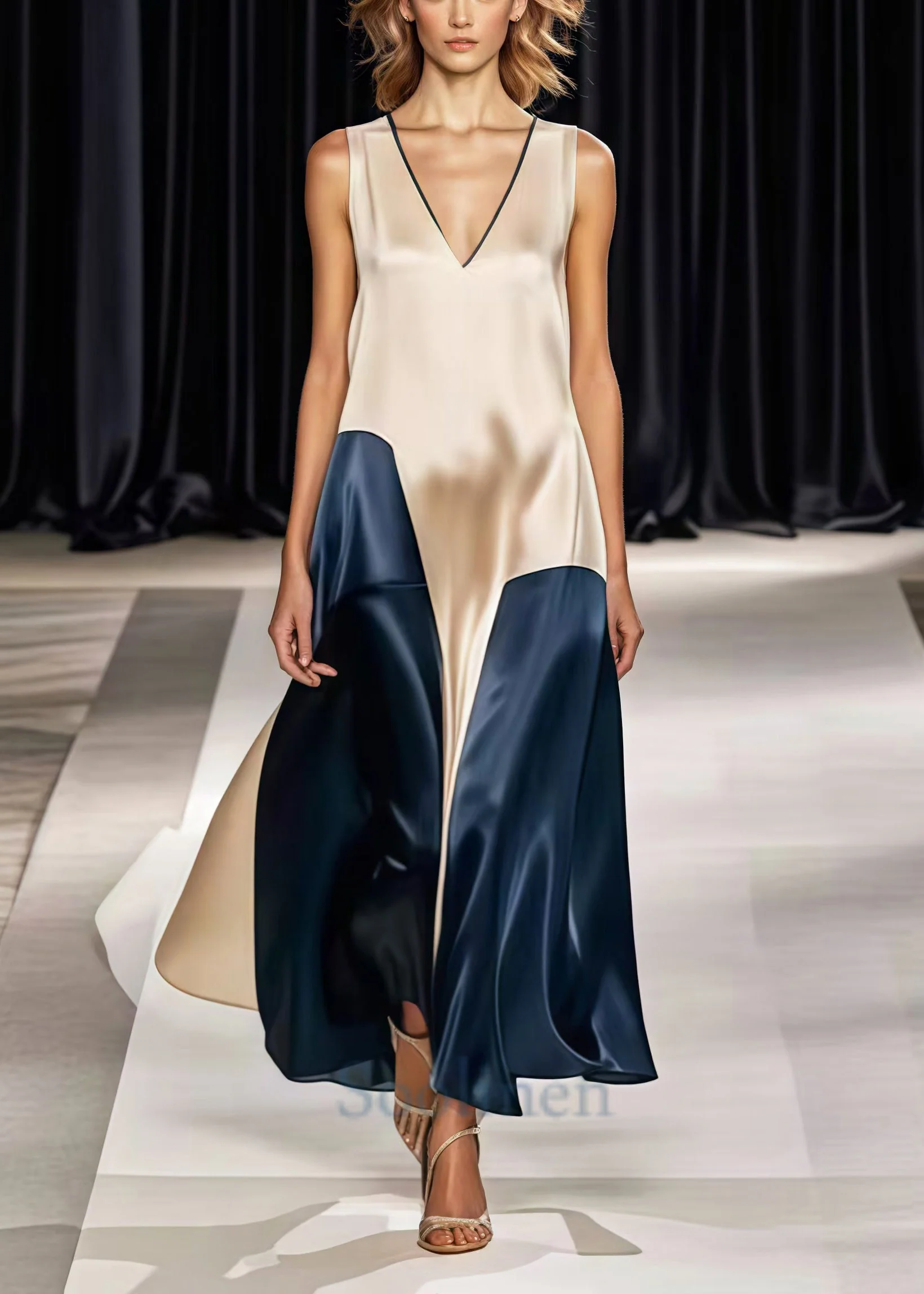 Champagne Patchwork Silk Holiday Dress V Neck Summer - Image 2