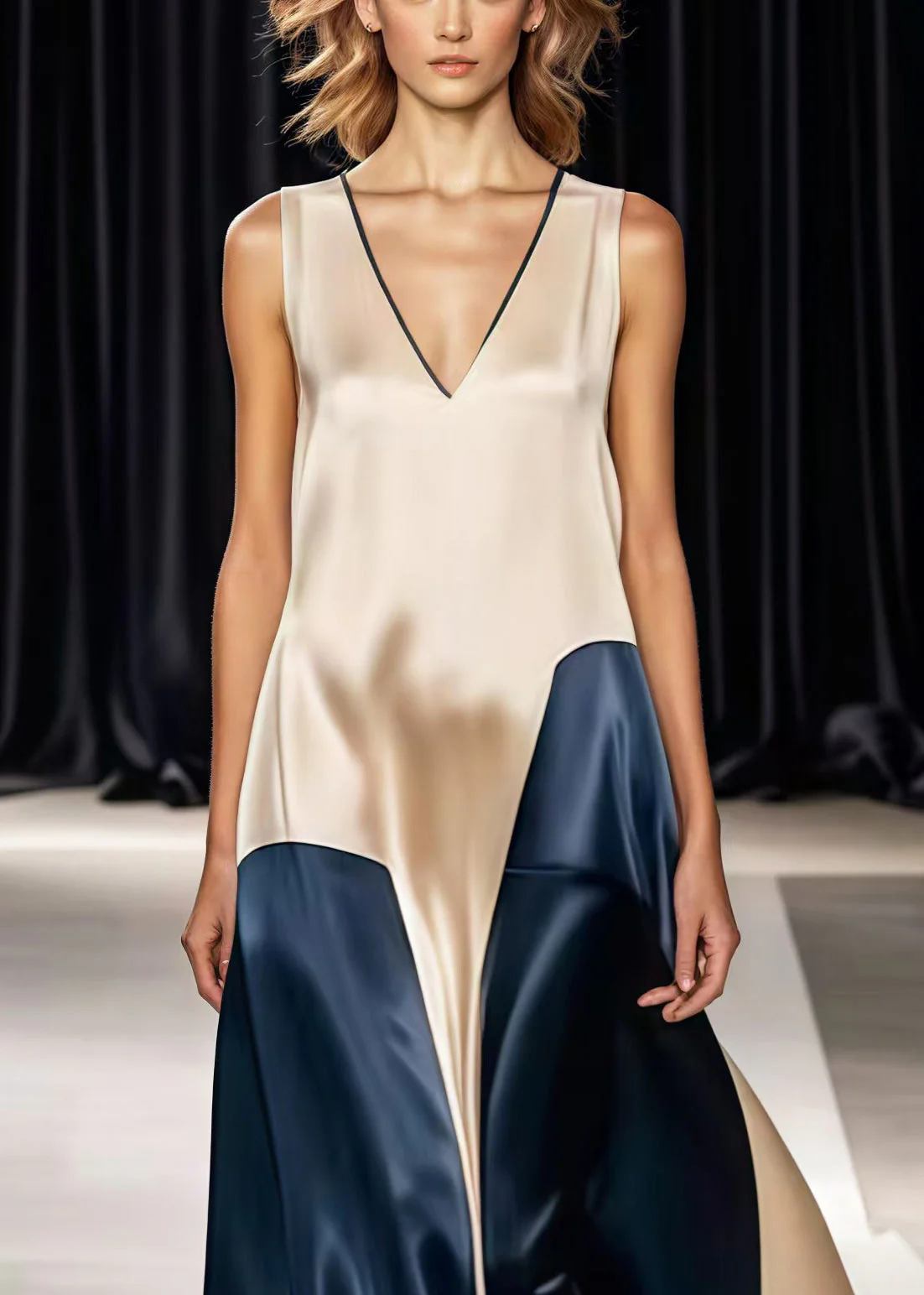 Champagne Patchwork Silk Holiday Dress V Neck Summer - Image 3